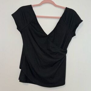 Lush Black V-Neck Wrap Short Sleeve Top ribbed size medium